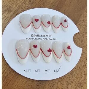 Almond French with Heart| Press on Nails - Handmade | Sz Large